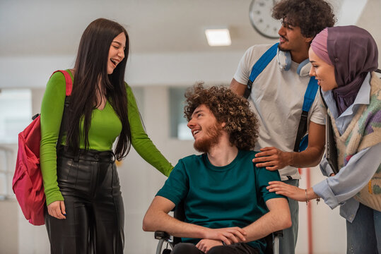 A group of happy diverse college students smiling together on the university campus.