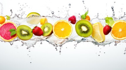 Juicy organic fruit slice splashing in a studio, showcasing colorful variation.