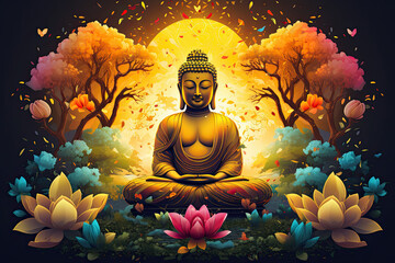 Glowing golden buddha and colorful flowers decoration