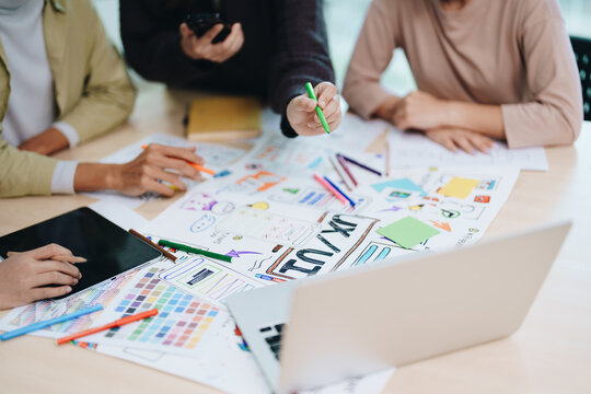 Team of Creative Web, Graphic Designer planning for mobile phone, drawing website ux ui app for mobile phone application and development template layout, process to developing prototype wireframe.