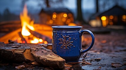 A hot, steaming coffee cup with blue enamel sits on an old wood next to a bonfire outside. very shallow depth of field with cup in focus. .