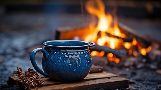 A hot, steaming coffee cup with blue enamel sits on an old wood next to a bonfire outside. very shallow depth of field with cup in focus. .