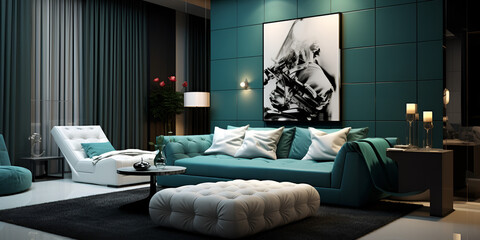 Dark rich turquoise modern interior home design with sofa, lamp and decoration