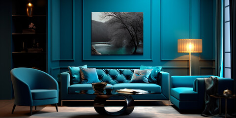 Dark rich turquoise modern interior home design with sofa, lamp and decoration