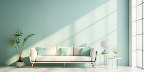 Minimalistic soft turquoise interior design with a sofa,  light and shadows 