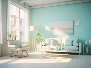 Bright turquoise modern interior home design with sofa, lamp and decoration, much light and shadows 