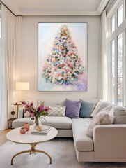 Cozy white home interior with a big painting of a Christmas tree on the wall