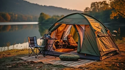 Foto op Canvas a tent for camping in a riverside woodland. . © Sawitree88