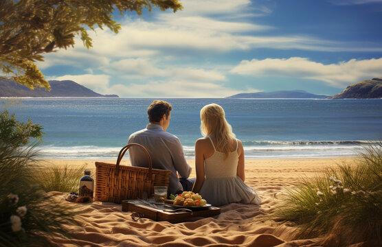romantic picnic for lovers  on the beach  by the ocean