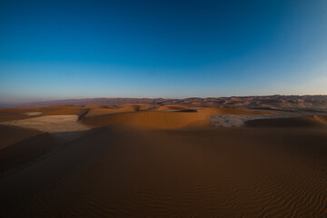 Fototapeta na wymiar Beautiful golden desert dunes of Liwa in Abu Dhabi UAE during sunset time