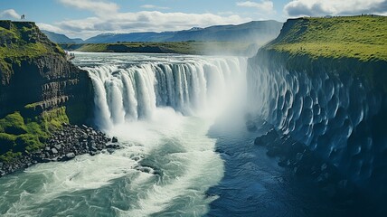 Norwegian waterfall Skogafoss natural landscape banner. Drone aerial image of the highest waterfall.. - obrazy, fototapety, plakaty