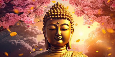 Glowing golden buddha and colorful flowers decoration