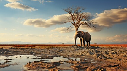 on a tree, a lone elephant. .