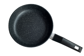 Black non-stick frying pan on a transparent background