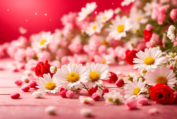 Chamomile flowers. Background for greeting. Bouquet of daisies with roses on a pink background. Background for greeting. Background with daisies and roses