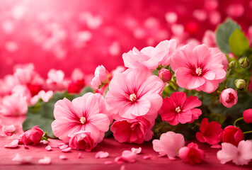 Mallow flowers. Background for greeting. A bouquet of mallows on a pink background. Background for greeting. Background with mallows