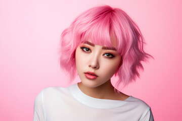 Fototapeta premium Young Japanese pink haired woman on a clean background