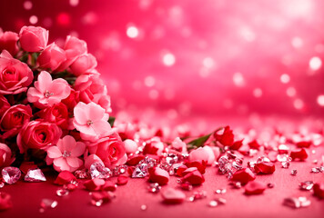 A bouquet of roses on a pink background. Background for greeting. Background with roses