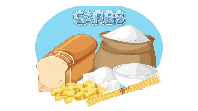 Flour bread rice and pasta food on Carbs banner macronutrients.