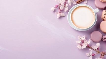 Fototapeta na wymiar White cup of coffee with milk and tasty macarons