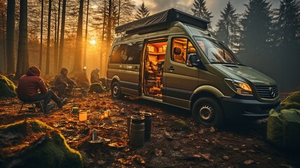 Wide perspective shot of young people having fun outside while camped out in a van in the woods, with copy space.. - obrazy, fototapety, plakaty