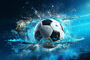 3D-rendered soccer ball with water splashes. Generative AI