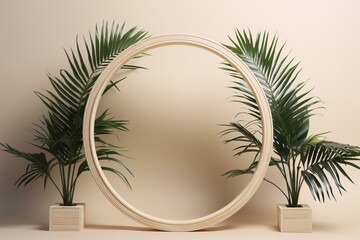 Circle palm plant frame with beige, natural design for displaying products. Generative AI