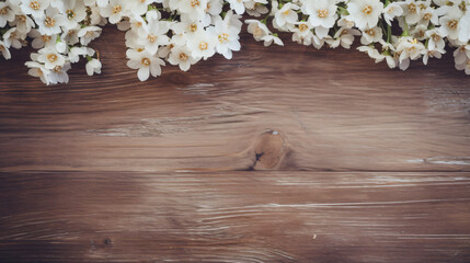 Obraz na płótnie Canvas White flowers on wooden background Top view with copy space