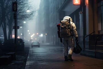 Astronaut walking through a foggy city, or emergency specialist with protection against infection or chemicals