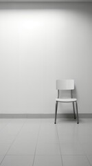 White chair on a white wall background. Copy space, clean background