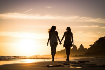 A lesbian couple holding hands walking along the beach at sunset.