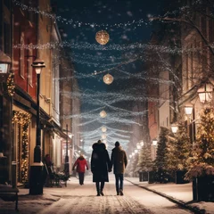Tuinposter Couple strolling at night with Christmas decorations. © Carlos Dominique