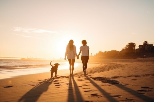 A lesbian couple holding hands walking along the beach at sunset.