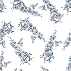 Seamless vector pattern with a delphinium flower and a bee, hand-drawn in blue on a white background. Botanical illustration for textiles