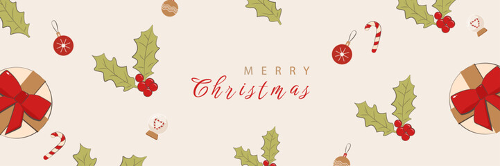 Christmas banner with christmas elements and gifts box. Horizontal christmas posters, greeting cards, headers, website
