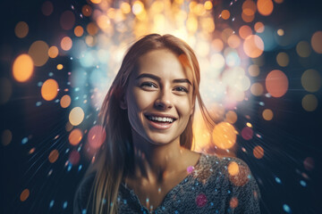 Woman smiling Christmas light bokeh, AI  generated