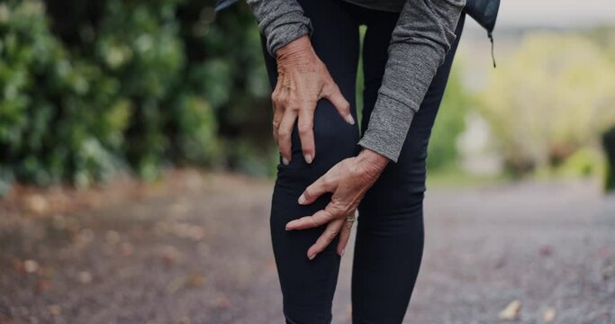 Hands, knee pain and running injury outdoor, fitness and race with person and fibromyalgia, health and inflammation. Muscle, joint and hurt with medical condition, exercise in park and massage legs
