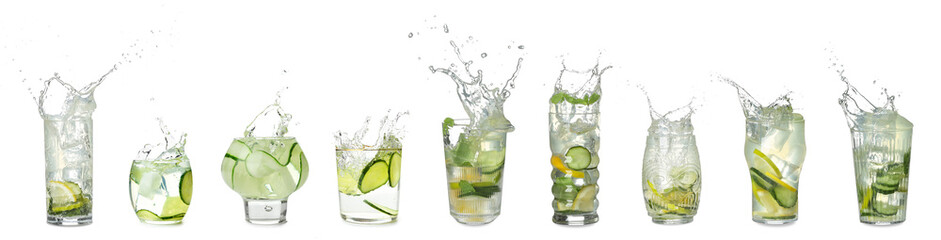 Set of fresh cucumber infused water isolated on white