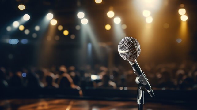 a microphone for singing stands on stage in the bright light of spotlights, performance, stand-up concert, karaoke, music, technology, device, hall, rehearsal, acting, show, broadcast, theater, club