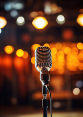 a microphone for singing stands on stage in the bright light of spotlights, performance, stand-up concert, karaoke, music, technology, device, hall, rehearsal, acting, show, broadcast, theater, club