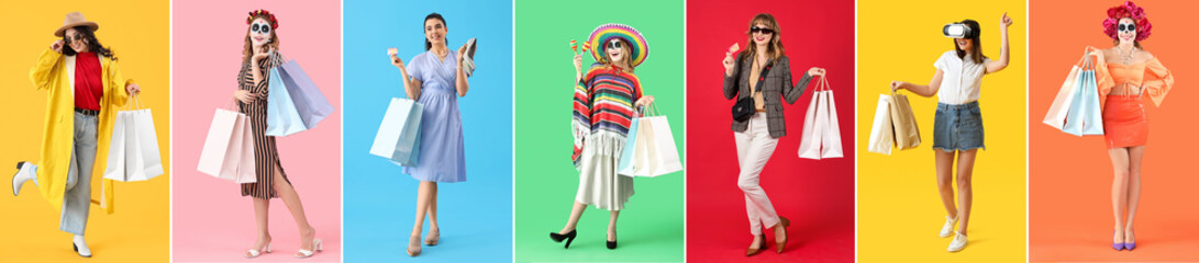 Set of young women with shopping bags on color background