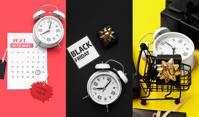 Collage for Black Friday sale on color background