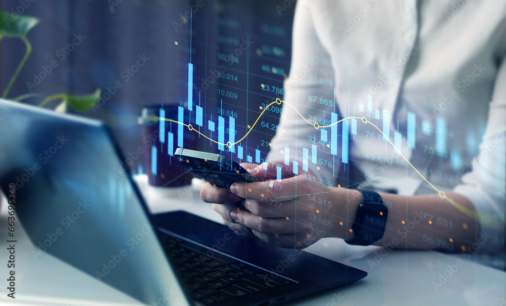 Poster price graph and indicator. stock market invest and crypto currency. trader analyzing data on virtual