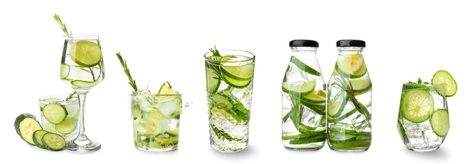 Set of fresh cucumber infused water isolated on white
