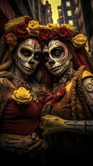 Festive make-up of a Mexican woman. Day of the Dead, Halloween. Concept of Katrina