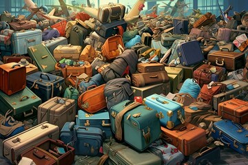 Luggage pile-up at airport baggage claim area. Generative AI