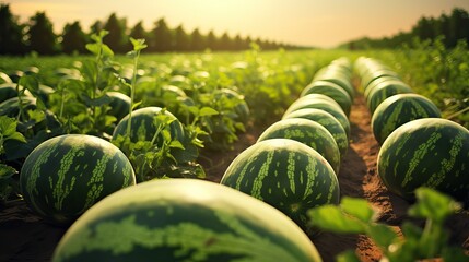 Watermelon on the green watermelon plantation in the summer. Agricultural watermelon field - obrazy, fototapety, plakaty
