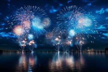 Blue fireworks display. Generative AI - obrazy, fototapety, plakaty