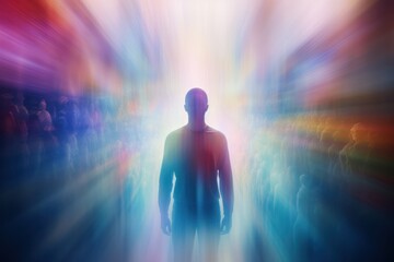 Anonymous person human body with blurred colourful aura around and crowd. Meditation, inner world, esoretic energy - obrazy, fototapety, plakaty