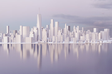New York City lower Manhattan downtown skyline in the sunset. Low poly winter wonderland in NY with ice white buildings and dramatic lighting on water reflection. - obrazy, fototapety, plakaty